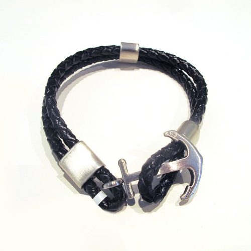 pulsera de ancla de acero y cuero negro