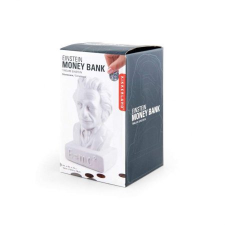 Hucha cerámica de Albert Einstein en su caja protectora