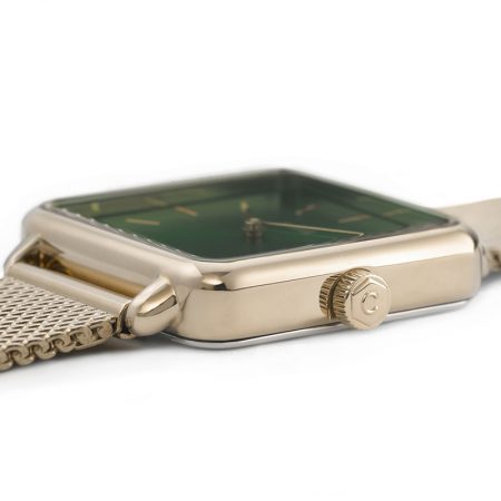 Reloj CLUSE La Tétragone "Malla de Oro y Verde Bosque" detalle de la caja