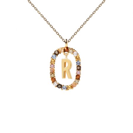 Collar letra R, oro plata y piedras de P de Paola